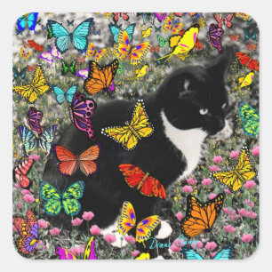 Sticker Carré Frapules en papillons - Chat Tux noir & blanc