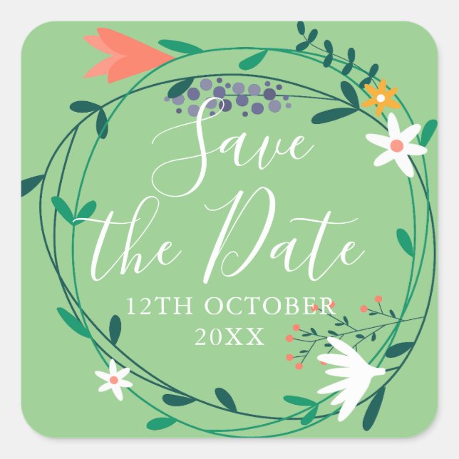 Sticker Carré Fresh Spring Floral Garland Enregistrer la date (Devant)