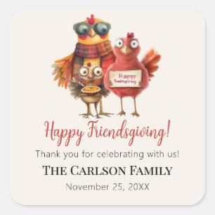 Sticker Carré Friendsgiving Action de grâce Dinde Merci