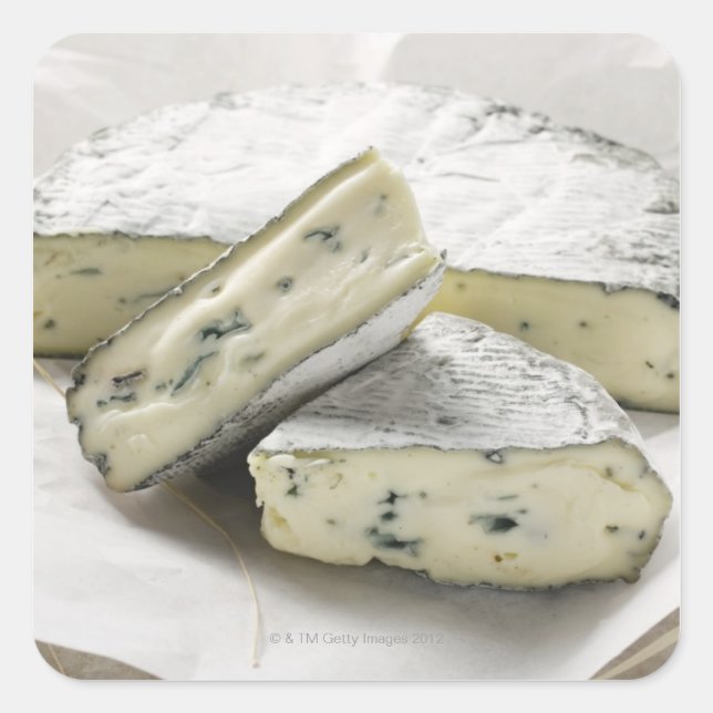 Sticker Carré Fromage bleu avec morceaux coupés en papier (Devant)