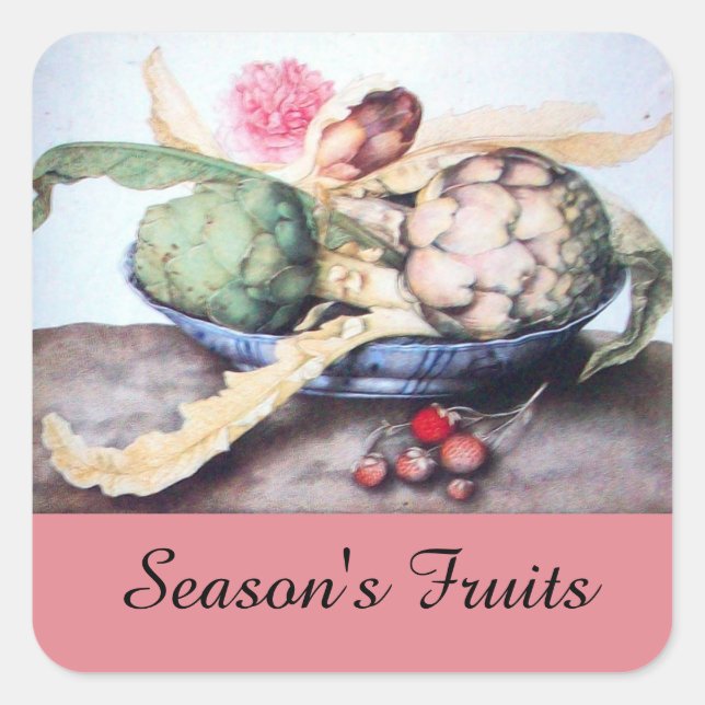 STICKER CARRÉ FRUITS DE SAISON / ARTICHOKES, ROSE & FRAISES (Devant)
