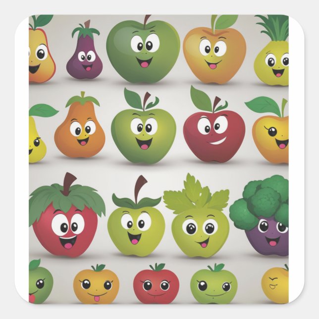 Sticker Carré Fruits et légumes souriants (Devant)