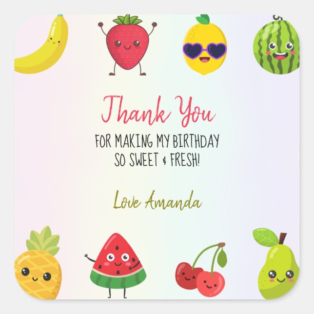 Sticker Carré Fruits mignons Merci fête d'anniversaire premier (Devant)