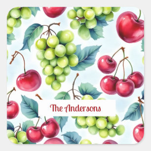 Sticker Carré Fruits rouges verts Raisins Cerisier Élégant Motif