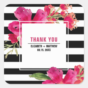Sticker Carré Fuchsia Flore noir rayures Mariage Merci