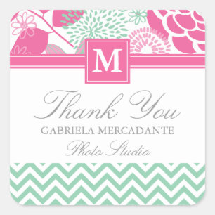 Sticker Carré Fuchsia Pink Mint Green Chevron Floral Monogramme