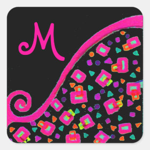 STICKER CARRÉ FUCHSIE ROSE NOIR DÉCO MONOGRAM ABSTRAIT