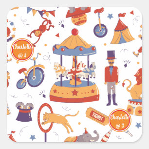 Sticker Carré Fun Carnival Enfants Anniversaire Cirque Motif Car