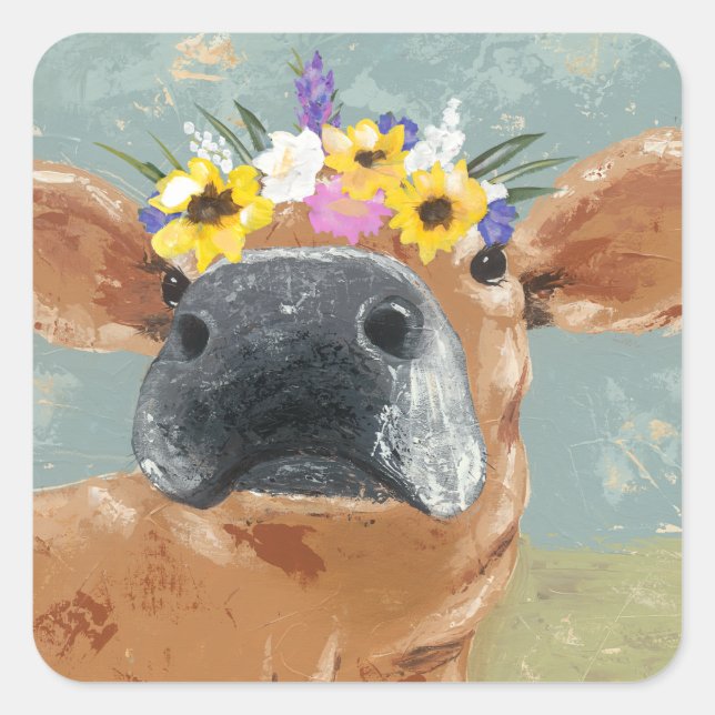 Sticker Carré Fun de ferme - Vache avec couronne de fleurs (Devant)