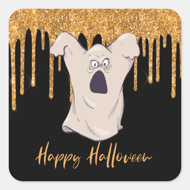 Sticker Carré Fun Ghost Orange Parties scintillant Halloween (Devant)