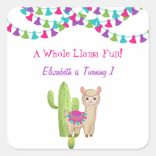 Sticker Carré Fun Llama entier rose violet Cactus enfant anniver