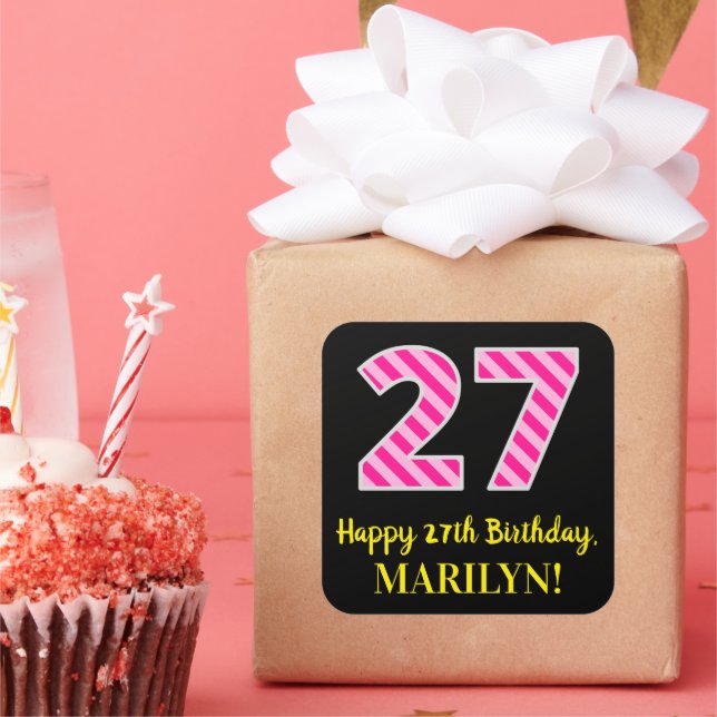 Sticker Carré Fun Pink Stripes "27" : Joyeux 27ème anniversaire  (Fête)