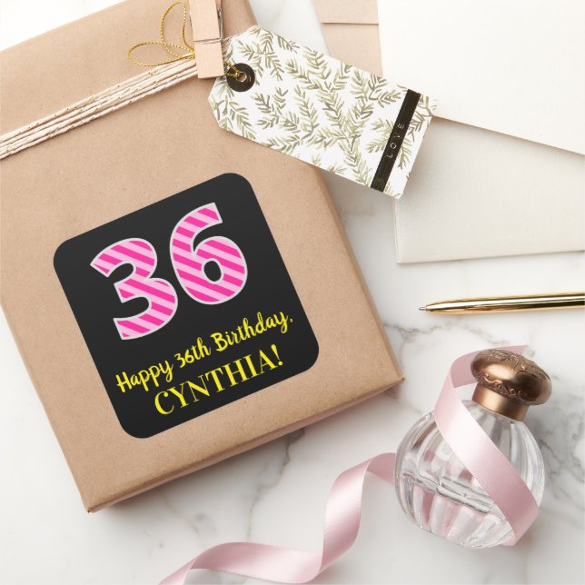 Sticker Carré Fun Pink Stripes “36”: Happy 36th Birthday + Name (Cadeaux)