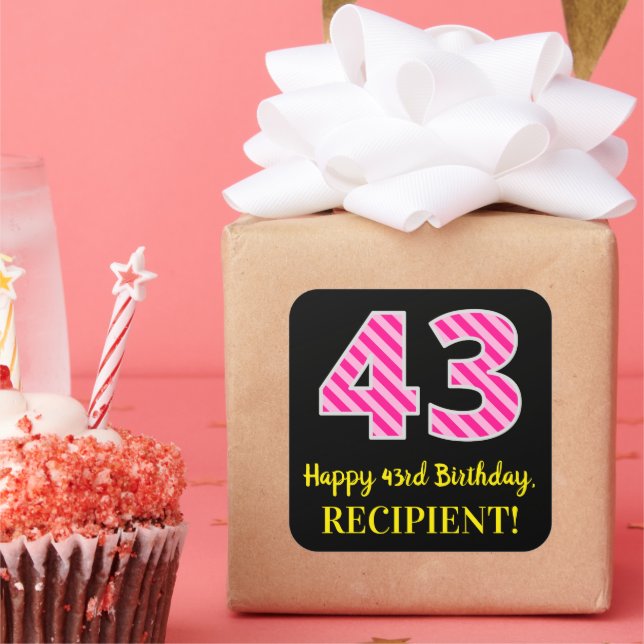 Sticker Carré Fun Pink Stripes “43”: Happy 43rd Birthday + Name (Fête)