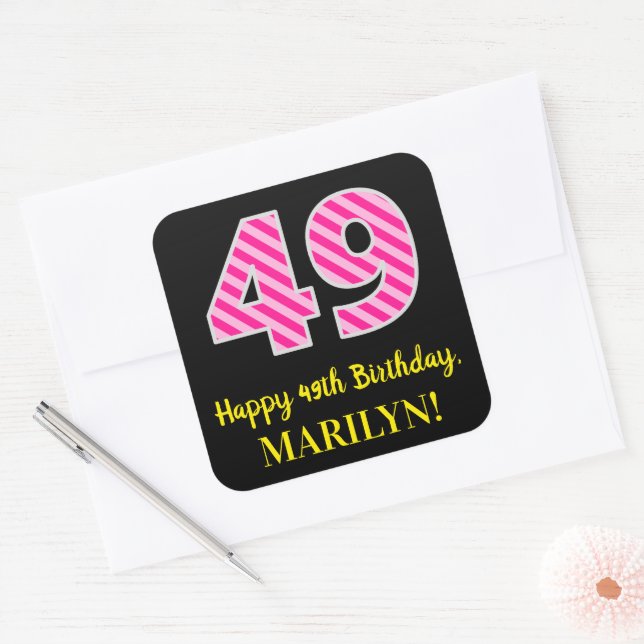 Sticker Carré Fun Pink Stripes “49”: Happy 49th Birthday + Name (Enveloppe)