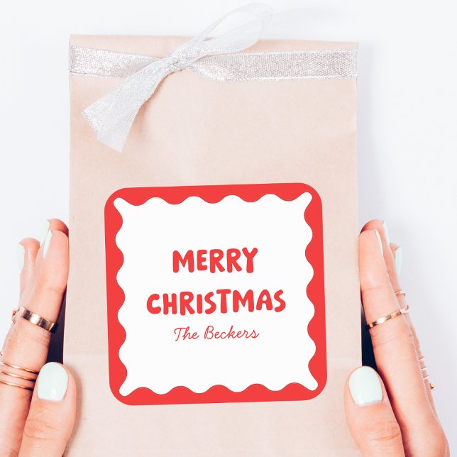 Sticker Carré Fun Retro Wavy Rouge et blanc Custom Chic Noël (Créateur téléchargé)