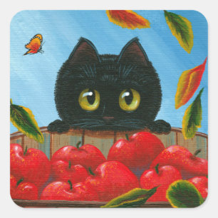 Sticker Carré Funky Chat Noir Pommes Rouges Créationarts Carré S
