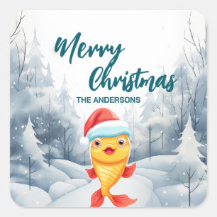Sticker Carré Funky Gold fish Merry Xmas tree snow