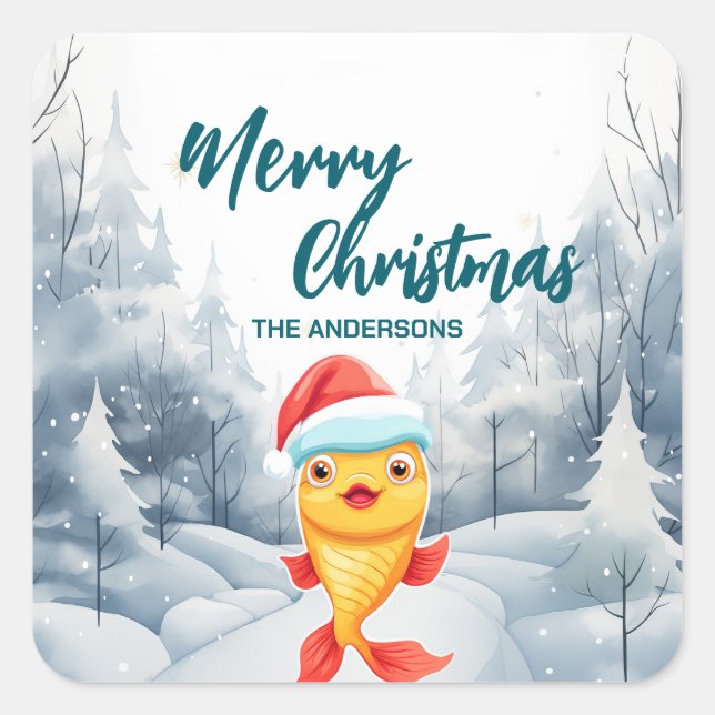 Sticker Carré Funky Gold fish Merry Xmas tree snow (Devant)