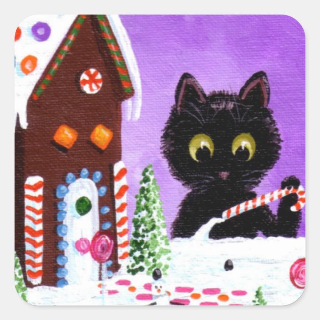 Sticker Carré Funky Noël Chat Gingerbread Maison Créationarts (Devant)