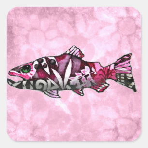 Sticker Carré Funky Whimsical Abstrait Saumon peinture de poisso
