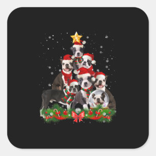 Sticker Carré Funny Boston Terrier Chien cadeau de Noël Arbre