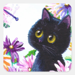 Sticker Carré Funny Cat Dragonfly Daisies Créationarts