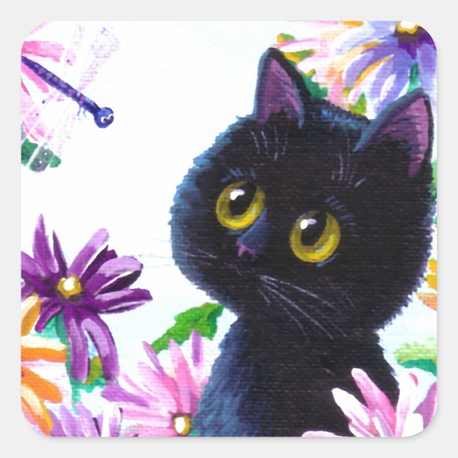 Sticker Carré Funny Cat Dragonfly Daisies Créationarts (Devant)