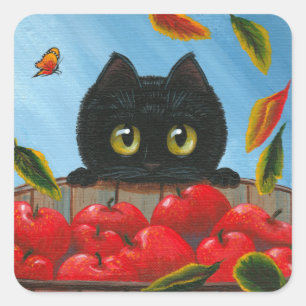 Sticker Carré Funny Chat Noir Pommes Rouges Créationarts
