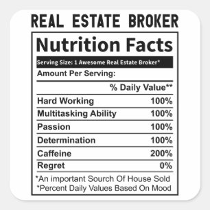Sticker Carré Funny Courtier immobilier Realtor Nutrition Fiches