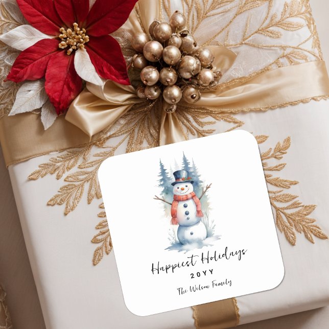 Sticker Carré Funny Cute MInimalist Snowman Frosted Forest (Funny Cute MInimalist Snowman Frosted Forest Christmas Square Stickers. )