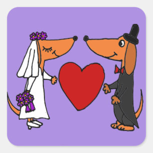 Sticker Carré Funny Dachshund Chiens de mariée et Mariage de cha
