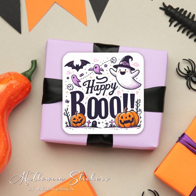 Sticker Carré Funny Ghosts and Pumpkins Happy Boo Kids Halloween (Créateur téléchargé)