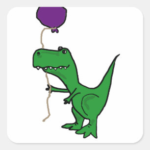 Sticker Carré Funny Green Trex Dinosaur tenant le ballon