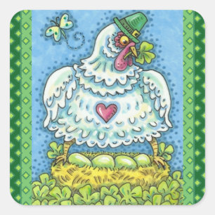 STICKER CARRÉ FUNNY IRISH HEN, OEUFS VERTS ET SHAMROCK CUIT