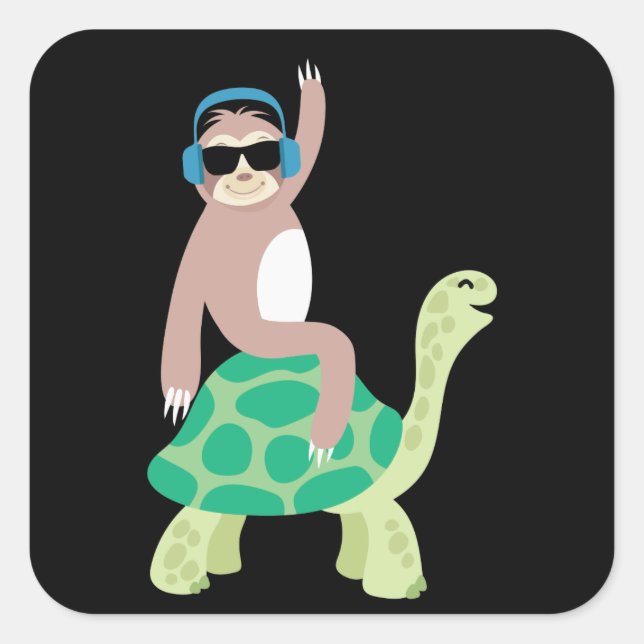 Sticker Carré Funny Lazy Sloth Riding Sea Turtle Hona Cadeau (Devant)