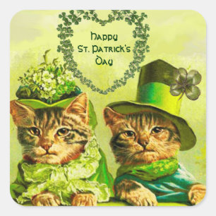 STICKER CARRÉ FUNNY VIEILLE MODE ST PATRICK'S DAME CHATS, SHAMRO
