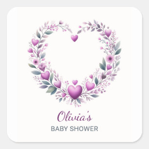 Sticker Carré Fuschia Rose Floral Baby shower Invitation