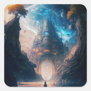 Sticker Carré futuriste Imaginaire Castle Paysage