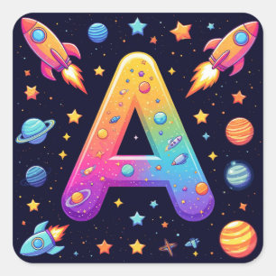 Sticker Carré 🪐 Galaxie Lettre A Fusées Planètes Étoiles Enfant