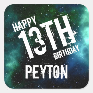Sticker Carré Galaxy Green Blue Fête d'anniversaire personnalisé