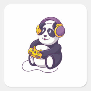 Sticker Carré Gamer Panda Jouant aux Jeux Vidéo