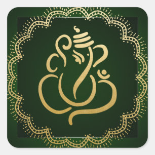 Sticker Carré Ganesh festif or   Dieu indien vert