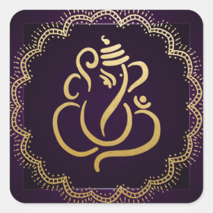 Sticker Carré Ganesh festif or   Dieu indien violet