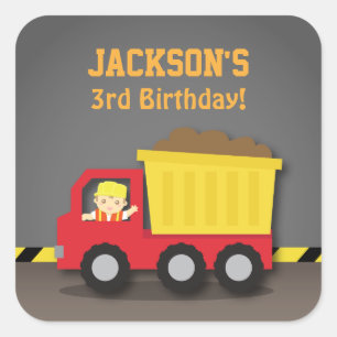 Sticker Carré Garçon au camion benne rouge Fête d'anniversaire d