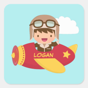 Sticker Carré Garçon Aviateur Mignon Aventure en Avion Pour Enfa