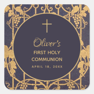 Sticker Carré Garçon de première communion bleu vignes de raisin