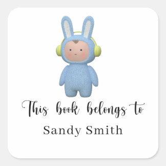 Sticker Carré garçon dessin animé lapin - Ce livre appartient à