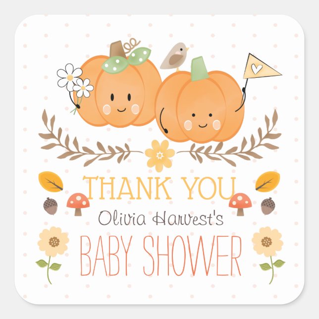Sticker Carré Garçon Fille Twins Citrouille Baby shower Merci (Devant)