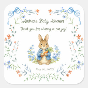 Sticker Carré Garçon Lapin Mignon Fleurs Ruban Bleu Baby Shower 